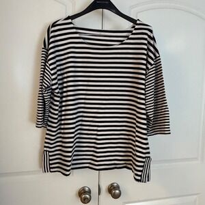 Talbots Plus Womens 2X Black White Striped Cotton Knit Top 3/4 Sleeve Boat Neck